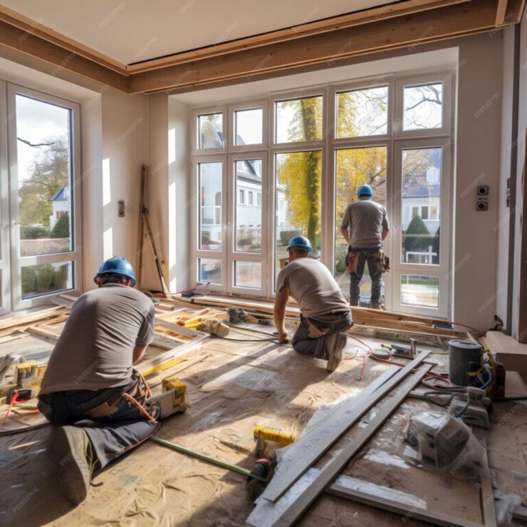 Workers installing windows during a complete building renovation.