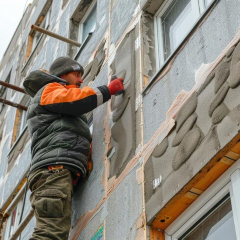 Worker performing facade repair on a building exterior.