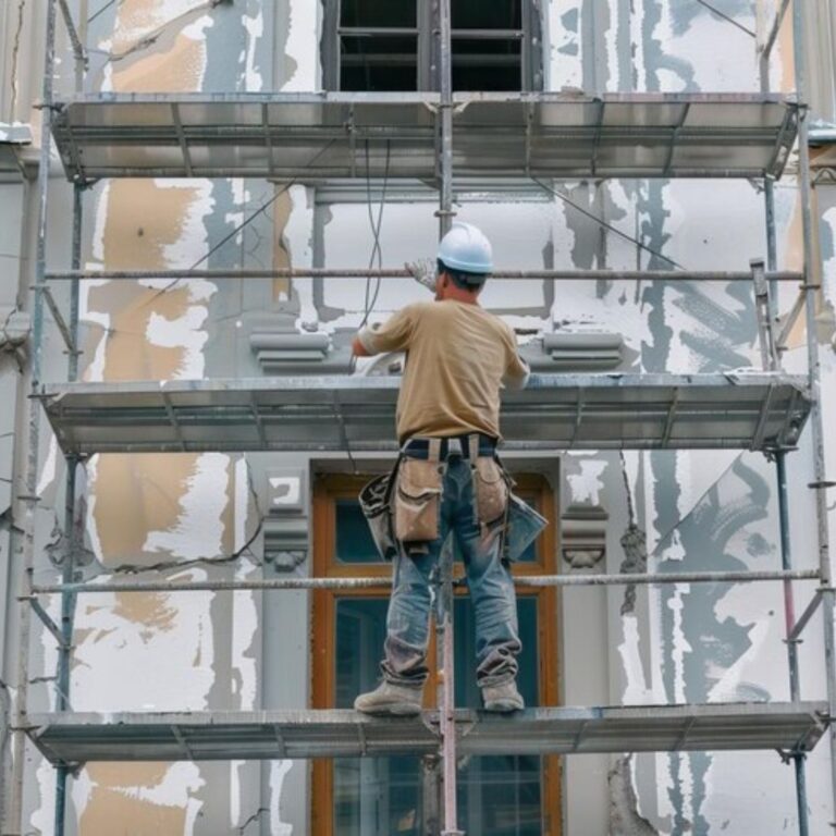 Worker performing structural repair on a building's facade.